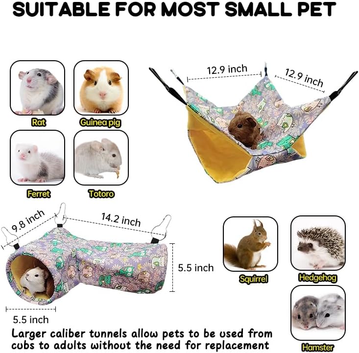 Guinea Pig Rat Tunnel Ferret Hammock, Small Animal Corner Tunnel & Tubes & Bed for Hedgehog Piggy Chinchilla Hideout Toys and Cage Accessories (3.Hammock&Tunnel, Owl)