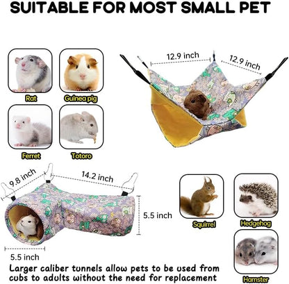 Guinea Pig Rat Ferret Hammock & Corner Tunnel for Small Animals - Hedgehog, Piggy, Chinchilla Hideout and Cage Accessories (Owl Design)