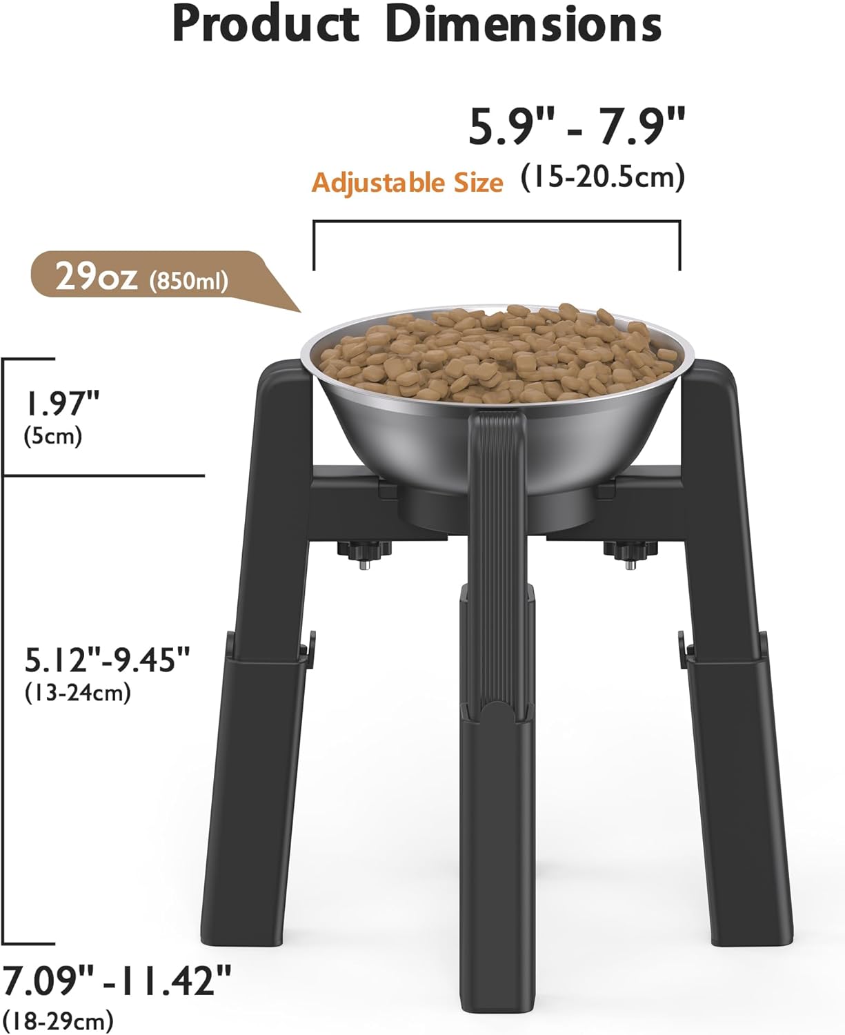 CZPET Dog Bowl Stand, 51 oz Large Capacity Raised Elevated Dog Food/Water Stainless Steel Feeder, Size and Height Adjustable & Anti-Slip Stand for Medium Dogs (2 Pack)