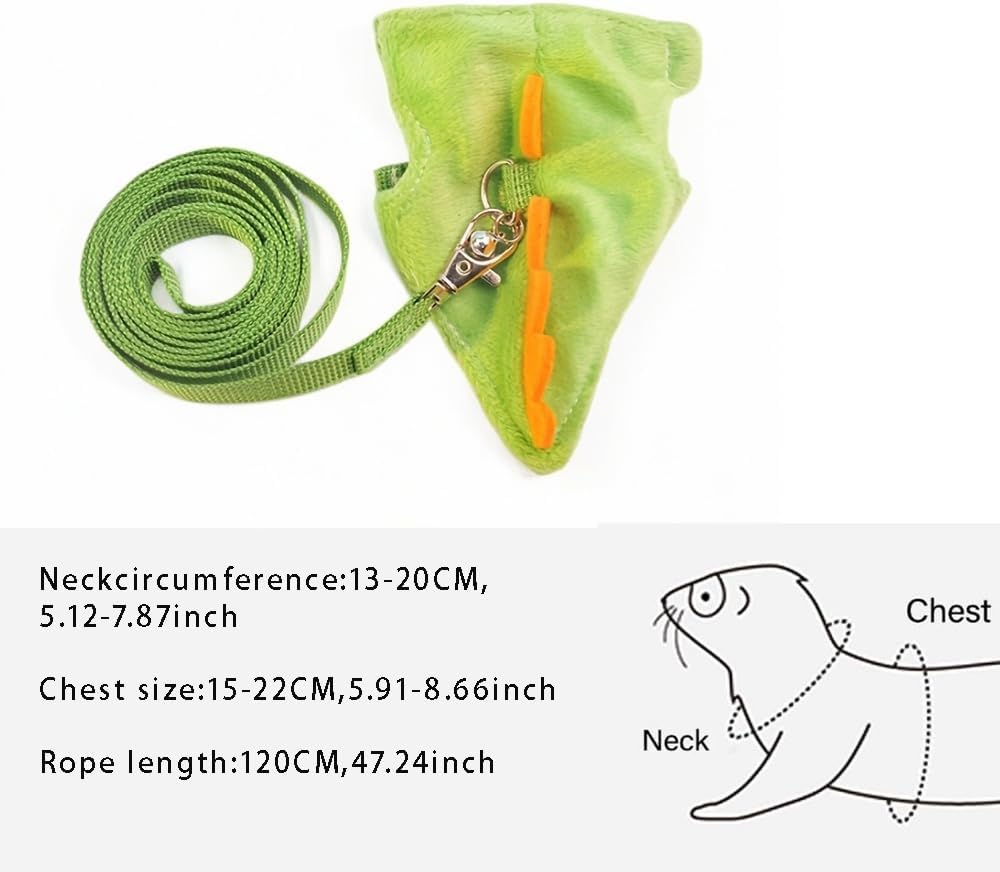 Ferret Leash and Harness Set, Dinosaur Design Small Animal Harness with Leash, Adjustable & Escape-Proof, Soft Plush Comfort for Rabbits, Kitten, Bunny, Hedgehog (Green)