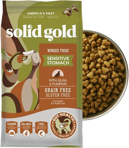 Solid Gold Sensitive Stomach Dry Cat Food - Grain Free & Gluten Free Sensitive Stomach Cat Food for Indoor Adult & Senior Cats - Dry Kibble for Cats w/Quail, Pumpkin & Probiotics for Gut Health - 6lb