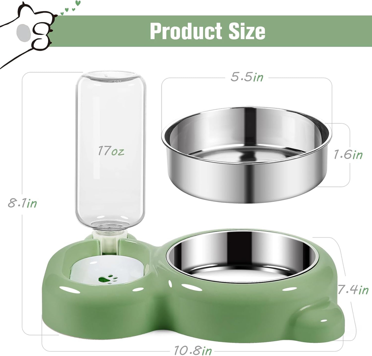 Dog Bowls, Cat Food and Water Bowl Set with Water Dispenser and Stainless Steel Bowl for Cats and Small Dogs - Green