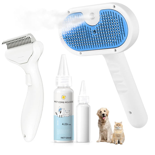Pet Steam Brush for Dog & Cat - 3-in-1 Steam Grooming Slicker Brush & Undercoat Rake for Shedding - Self Cleaning Spray Comb with Mist for Long & Short Haired Pets - Includes Waterless Shampoo, Blue