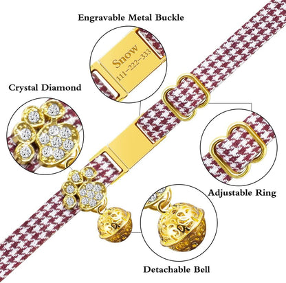 Personalized Breakaway Cat Collars - Magnetic Buckle, Bell - Safety Quick Release, Customized for Girls & Boys Cats- (Houndstooth-Burgundy)