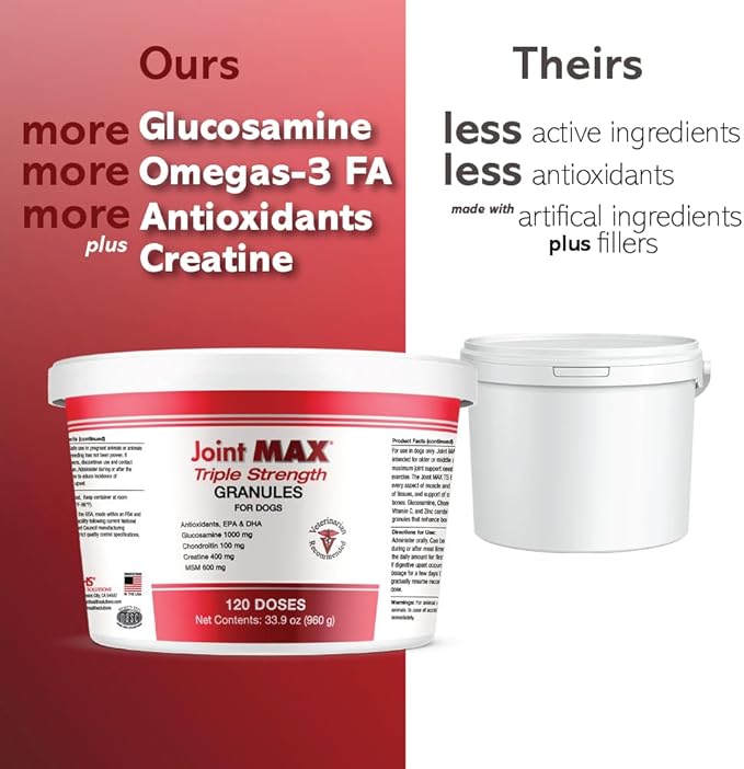 TS Joint Supplement Vet Formulated Pain & Inflammation Relief Treats Hip Dysplasia & Arthritis, Glucosamine, Chondroitin, Turmeric, MSM, HA, Creatine, Omega 3 EPA + DHA. Granules 120 Doses