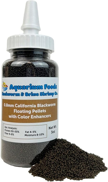 Aquatic Foods Inc. 0.8mm Micro California Blackworm Floating Pellets w/Color Enhancers & Vitamins for Guppies, Tetras, Bettas, Nano Fish, All Baby Fish…3oz Squeeze Bottle