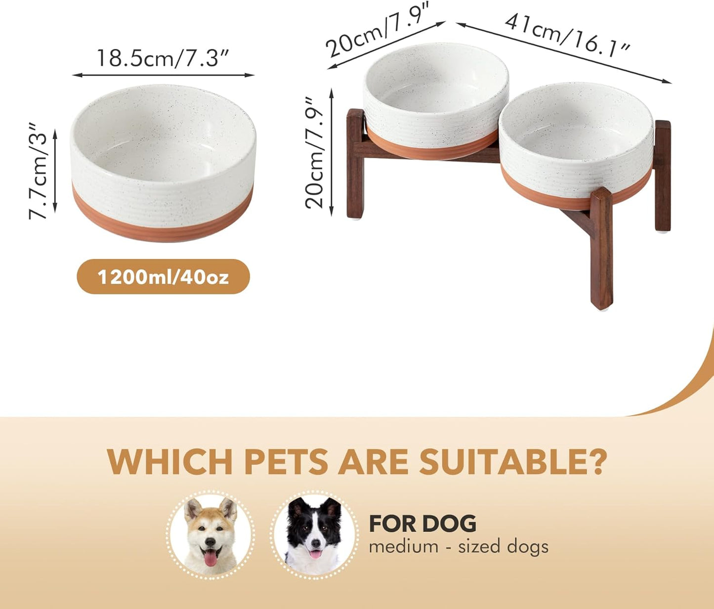 Ceramic 7.3inch Raised Double Dog Bowls Set with Acacia Wood Stand, Food & Water Bowls for Medium Breed Dogs, Weighted Pet Dishes(41oz, Vanilla White)