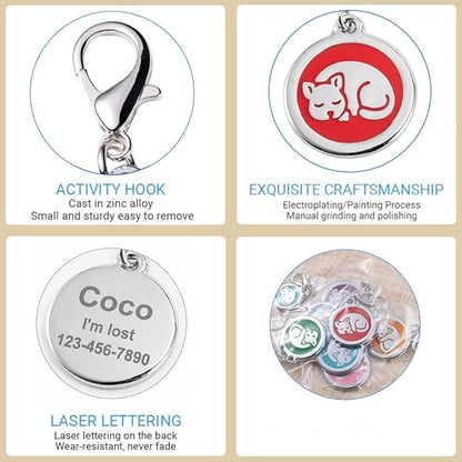 Personalized Pet ID Tags with Lobster Claw Clasp for Kittens and Cats - Small pet Tags for Cats, cat Name Tags for Collar, Custom cat id tag (Sleeping-Round-Small: Orange)