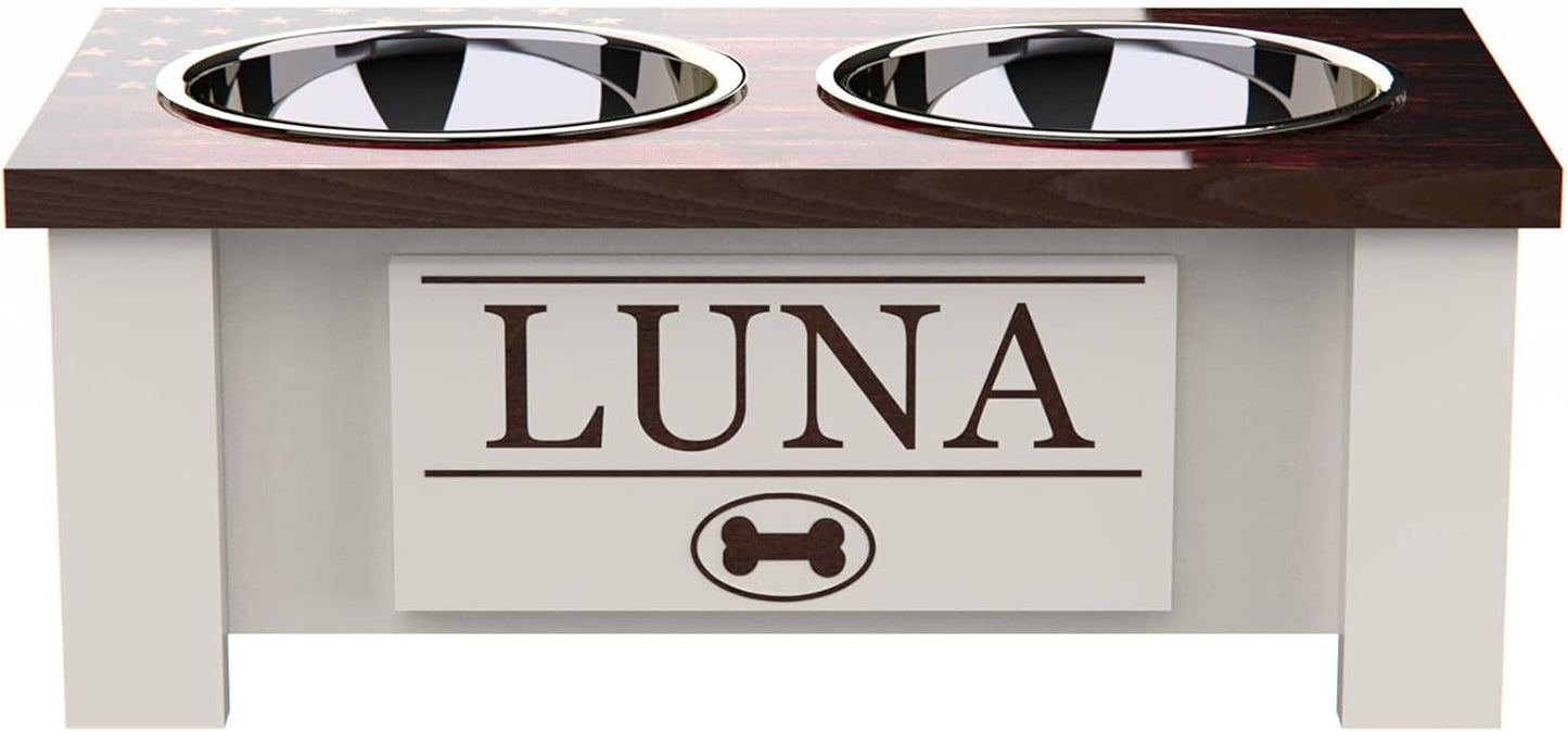 GrooveThis Woodshop - Personalized Elevated Dog Bowl Stand for Large, Medium, Small, X-Small Dogs - Stainless Steel Food and Water Bowls - Raised Dog Dish with Internal Storage (Small, Flag Design)