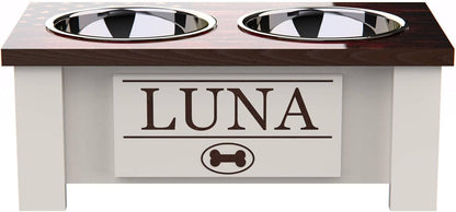 GrooveThis Woodshop - Personalized Elevated Dog Bowl Stand for Large, Medium, Small, X-Small Dogs - Stainless Steel Food and Water Bowls - Raised Dog Dish with Internal Storage (Small, Flag Design)