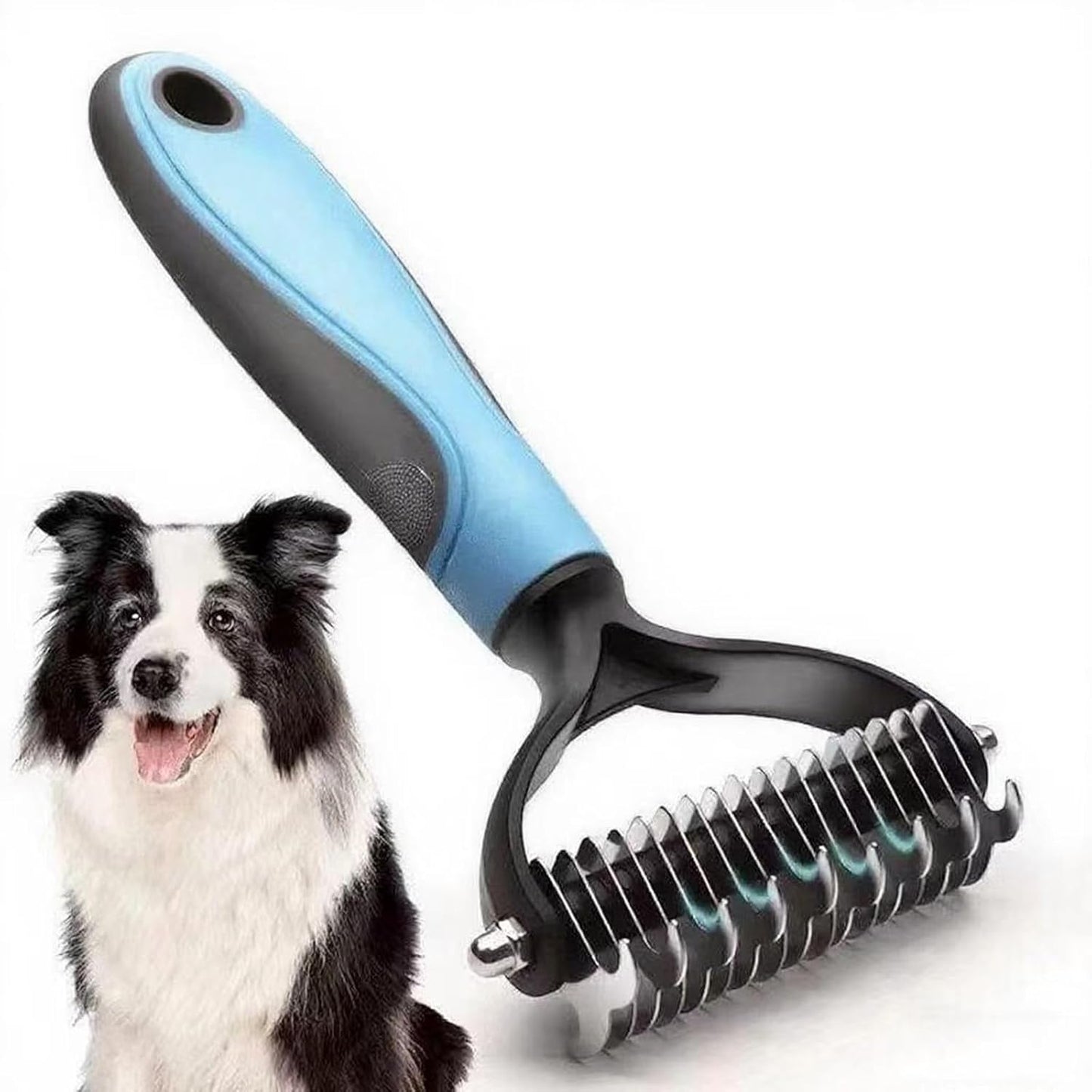 Double Sided Pet Dematting Comb - Effortless Detangling and Deshedding Tool for Dogs Cats, Tangle-Free Grooming with Blue Handle