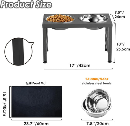 Metal Raised Dog Bowl, 10" Height Tall Elevate Dog Feeder Stand with 2 Stainless Steel 42oz Bowls & 16x24 Non-Slip Mat – Stronger Dogs Food & Water Bowl Stand (Grey)