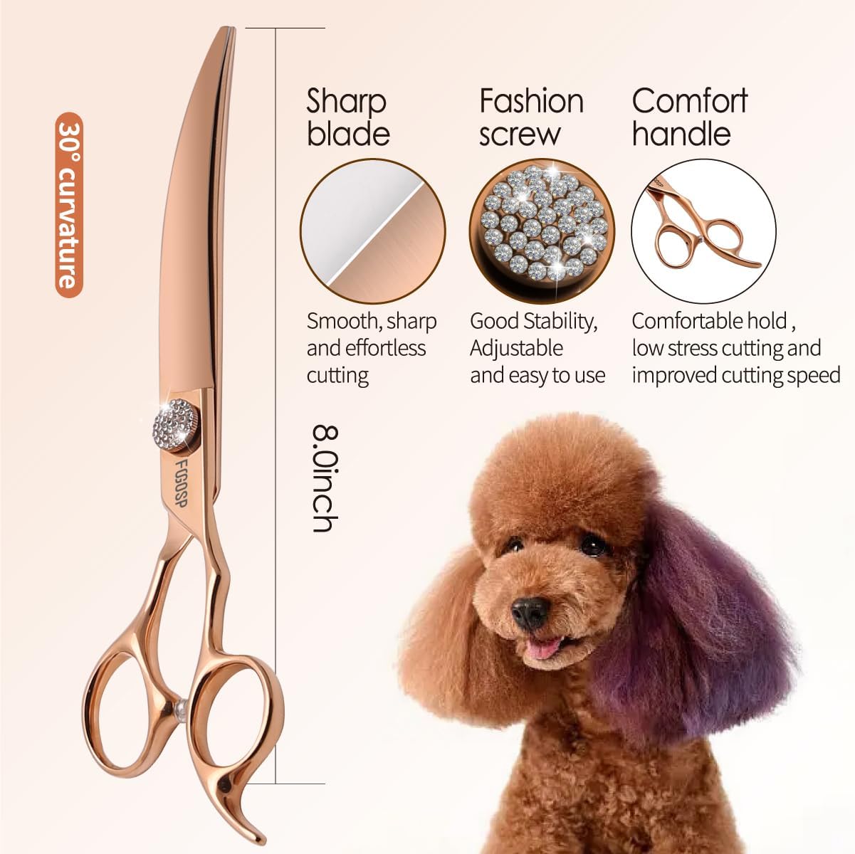 Rose Gold Titanium Curved Dog Grooming Scissors 8'' Downward 30° with Jewelled Screw Japan 440C Professional Pet Grooming Trimming Shears for Large Dogs Poodle(8,Curved)