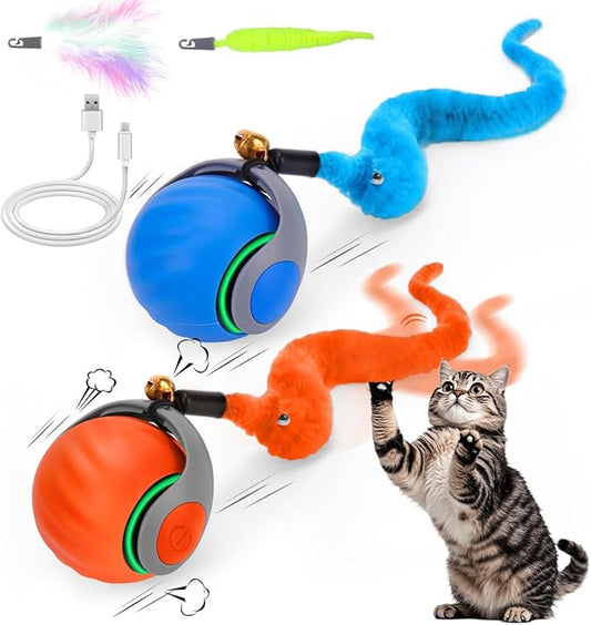 2PCS Interactive Cat Ball Toy, Self Rolling Ball with Cover Anti-Scratch for Bored Indoor Cat Chasing, Obstacle Avoidance Smart Cat Toys for Enrichment, Motion Activated Toys to Keep Them Busy