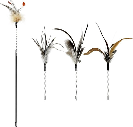 TTcat Cat Wand Toys,Flexible Spring and 4PCS Feather Refills,Teaser Toy,Interactive Toys for Indoor Cats and Kitten to Play Chase Exercise.