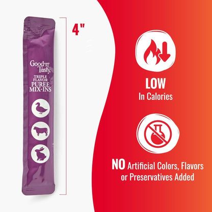 Good 'n' Tasty Triple Flavor Puree Mix-Ins Dog Food Topper Treats for All Dogs, 28 Count, Easy Single-Serve Portions, Added Protein with Duck, Beef and Rabbit, No Chicken Added