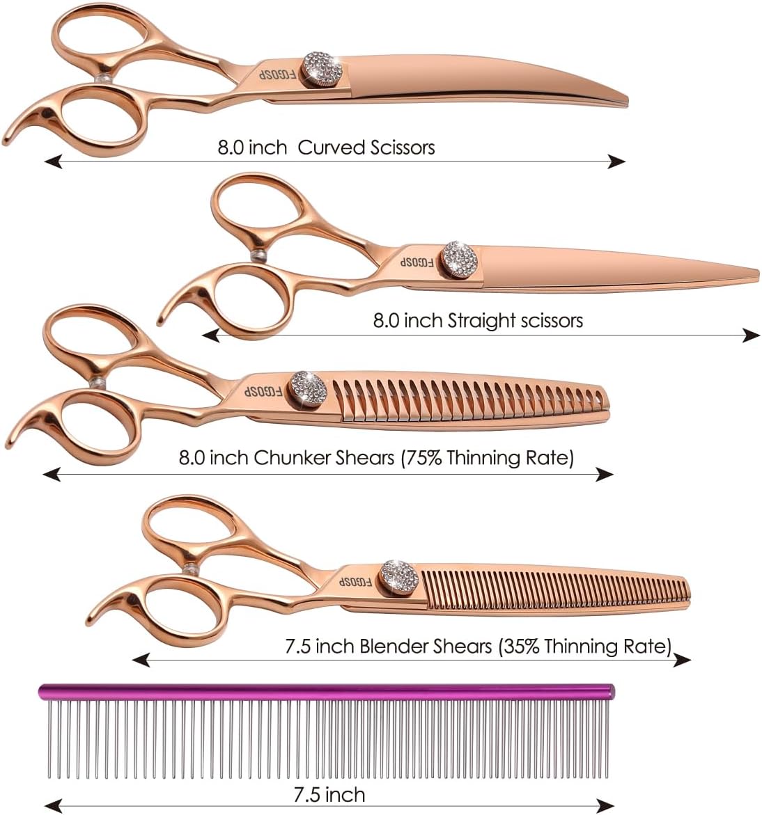 Rose Gold Titanium Dog Grooming Scissors Set 4PCS Curved Thinning Straight Chunkers Shears Kit with White Artificial Diamonds Ergonomic Offset Handle Japan 440C Sharp and Durable