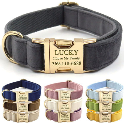 PETDURO Personalized Dog Collar Gray Soft Velvet for Large Medium Small Boy Girl Dogs - Custom Collar with Name Phone Engraved on Gold Metal Buckle - Add Matching Leash Bow Set via Customize Now