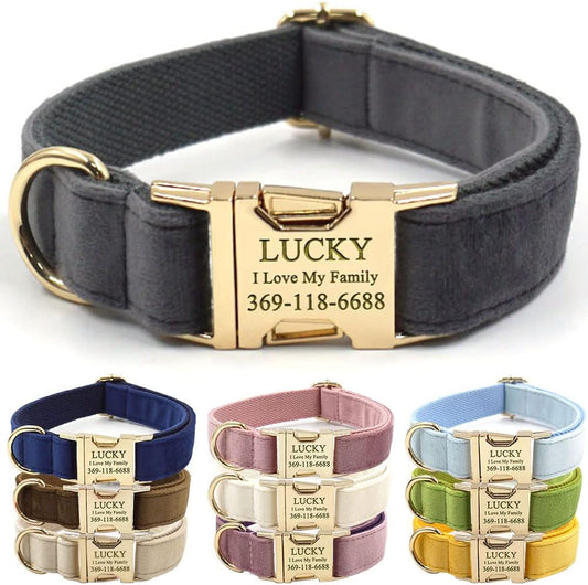PETDURO Personalized Dog Collar Gray Soft Velvet for Large Medium Small Boy Girl Dogs - Custom Collar with Name Phone Engraved on Gold Metal Buckle - Add Matching Leash Bow Set via Customize Now