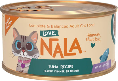 LOVE, NALA - Single Protein Tuna Flaked Wet Cat Food - Hydration Broth, Natural, Grain-Free, Non-GMO, No Gums, No Carrageenan, Human-Grade Tuna, Added Vitamins & Minerals - 2.8 oz, 12 Cans