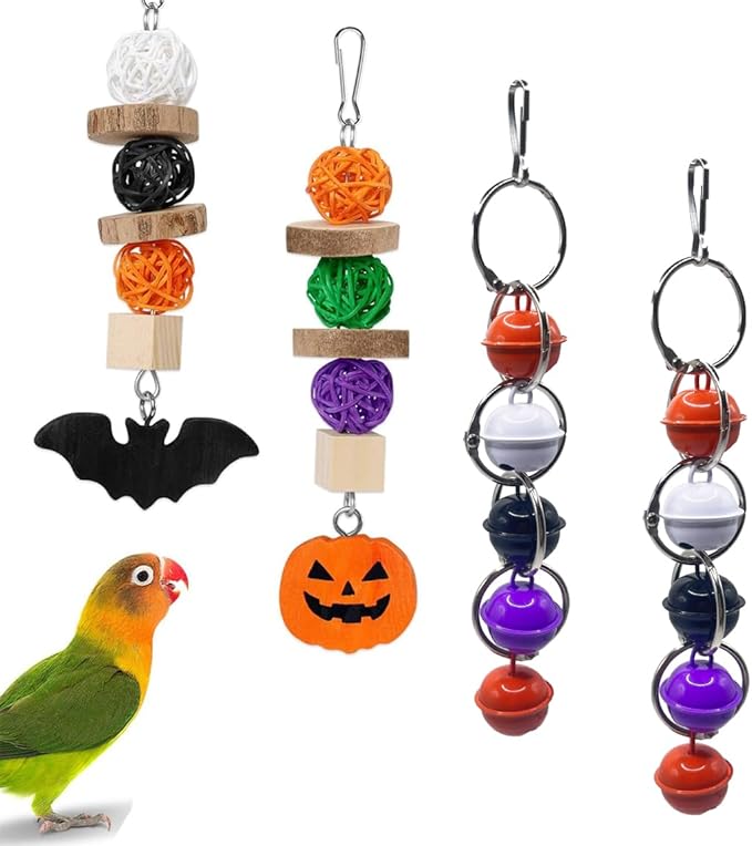 4Pcs Halloween Bird Toys Parrot Chew Toys Teeth Care Grinding Accessories Halloween Little Bell for Parakeet Conure Lovebird Cockatiel Finch Budgie Parrots