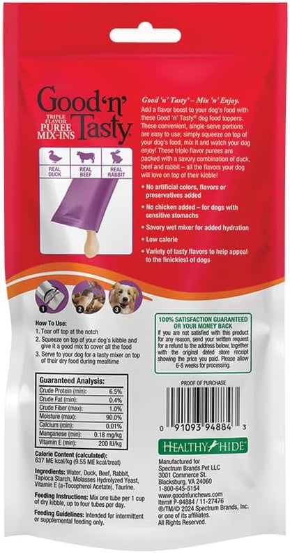 Good 'n' Tasty Triple Flavor Puree Mix-Ins Dog Food Topper Treats for All Dogs, 7 Count, Easy Single-Serve Portions, Added Protein with Duck, Beef and Rabbit, No Chicken Added