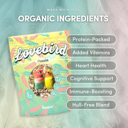 Mycelium Organic Lovebird Premier Feed (5 LBS) | Premium Bird Food for Lovebirds & Small Parrots | High-Protein, Vitamin-Fortified Daily Nutrition | Supports Brain & Heart Health | USA Made, Non-GMO