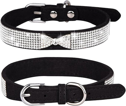 Rhinestone Dog Collar, Cute Dazzling Sparkling Soft Suede Leather Adjustable Pet Dog Cat Collar Crystal Diamond for Puppy Small Medium Large Dogs (L:38-46cm, Black-3)