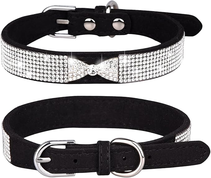 Rhinestone Dog Collar, Cute Dazzling Sparkling Soft Suede Leather Adjustable Pet Dog Cat Collar Crystal Diamond for Puppy Small Medium Large Dogs (S:26-32cm, Black-3)