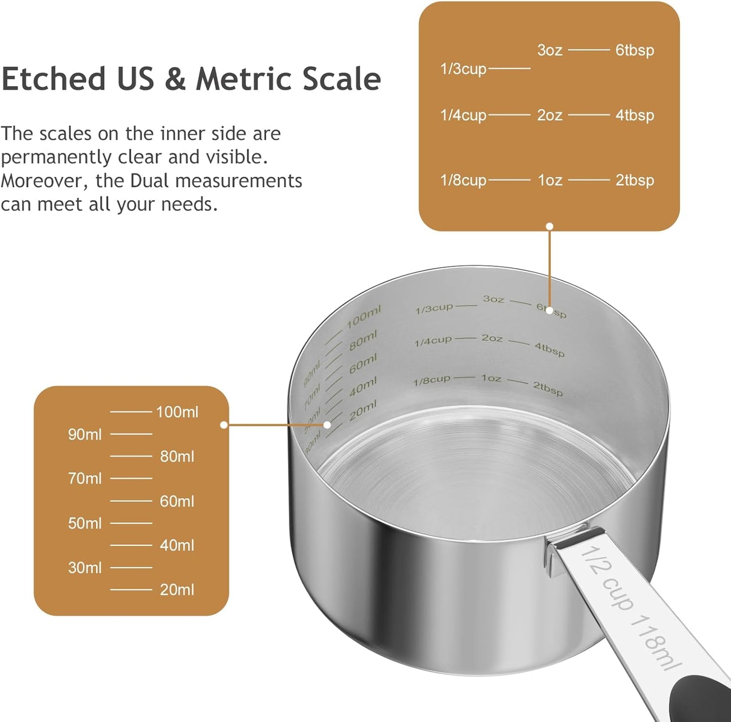 2PCS 1/2CUP(118ml) Dog Cat Food Scoop, Stainless Steel Measuring Cup, Metal Pet Scooper with Inner Precision Scale Measurement