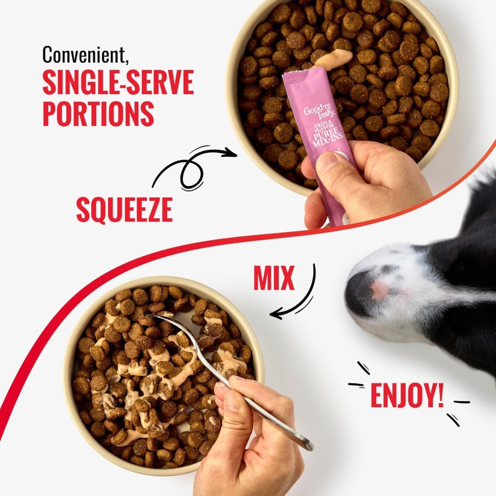 Good 'n' Tasty Triple Flavor Puree Mix-Ins Dog Food Topper Treats for All Dogs, 28 Count, Easy Single-Serve Portions, Added Protein with Salmon, Tuna and Krill, No Chicken or Beef Added