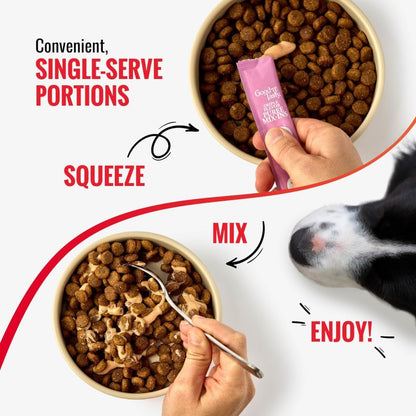 Good 'n' Tasty Triple Flavor Puree Mix-Ins Dog Food Topper Treats for All Dogs, 28 Count, Easy Single-Serve Portions, Added Protein with Salmon, Tuna and Krill, No Chicken or Beef Added