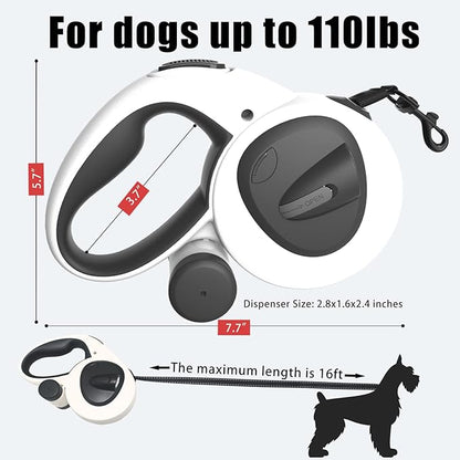 HCY&WLD Upgrade 4-in-1 Retractable Dog Leash with LED Light & Dispenser & Poop Bags, 16 ft Heavy Duty Dog Leash with Anti-Slip Handle for Dogs up to 110 lbs, 360° Tangle-Free, One Button Brake & Lock