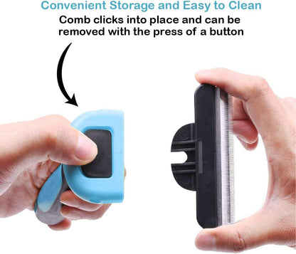 Pets First Professional Pet Brush - Grooming & Deshedding Tool for Cats & Dogs - Reduces Shedding, Dead Hair, Tangles - Detachable Stainless Steel Comb for Easy Cleaning - Soft Anti-Slip Handle,Blue