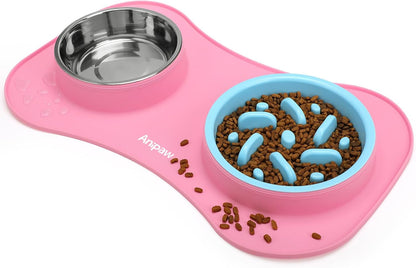 Slow Feeder Dog Bowls 3 in 1 Stainless Steel Dog Food and Water Bowls with Non-Spill Non-Skid Silicone Mat to Slow Down Eating for Large Medium Small Breed Size Dogs and Cats (Pink Blue)