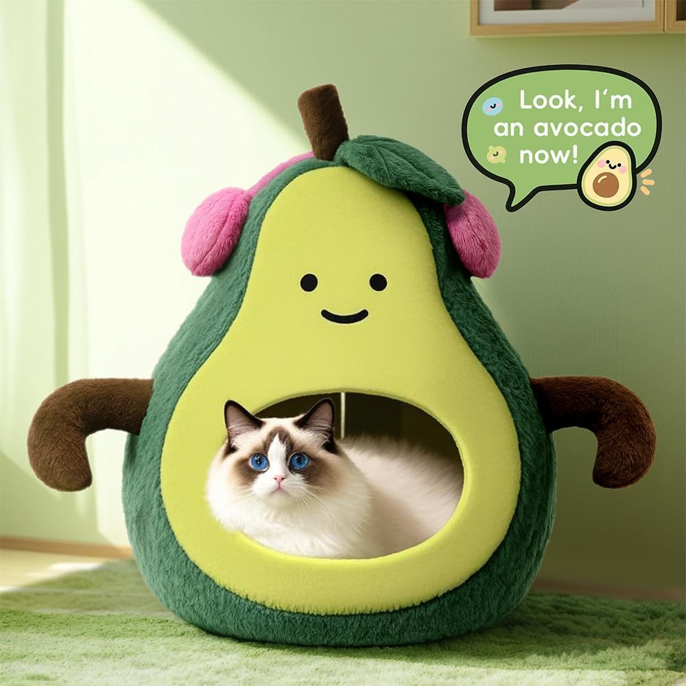 Cute Cat Beds for Indoor Cats, Small Dog Beds, Soft Washable Pet Beds for Kitten and Puppy, Funny Avocado Cat Cave, 19 Inches