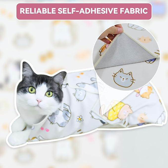 Cat Grooming Wrap for Cutting Nails, 31.5" Anti-Escape Calming Cat Swaddle Wrap for Medicine, Nail Clipping, Teeth Brushing, Ear Cleaning, Self-Adherent Burrito Restraint, (Cat Land, XL)