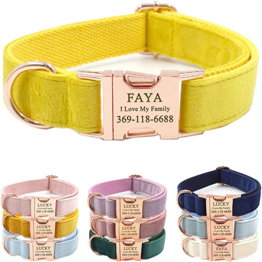 PETDURO Custom Dog Collar Personalized with Name Engraved Quick Release Rose Gold Metal Buckle for Large Medium Small Girl Dogs - Dog Leash and Bow Tie Available - Soft Comfy Velvet (Yellow, XL)