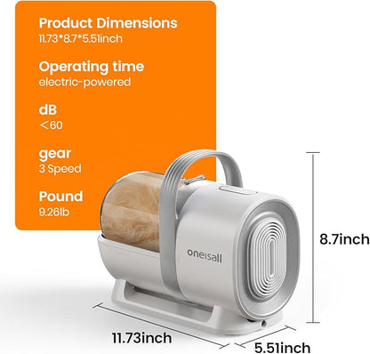 oneisall Dog Grooming Vacuum, Pet Grooming Vacuum with Clipper Nail Grinder, 1.5L Dust Cup Dog deshedding Vacuum Brush with 7 Pet Grooming Tools for Shedding Pet Hair, Home Cleaning（Grey）