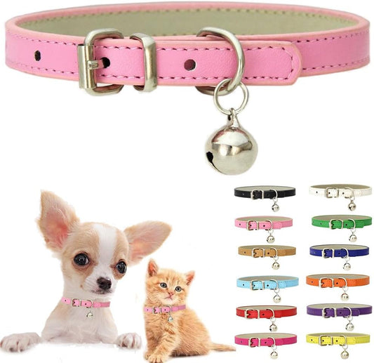 Pink XS Dog Collar with Bell, Soft Pu Leather Cat Collars Adjustable Buckle for XXS Extra Small Medium Tiny Female Girl Pets Puppy Kitten Teacup Yorkie X-Small