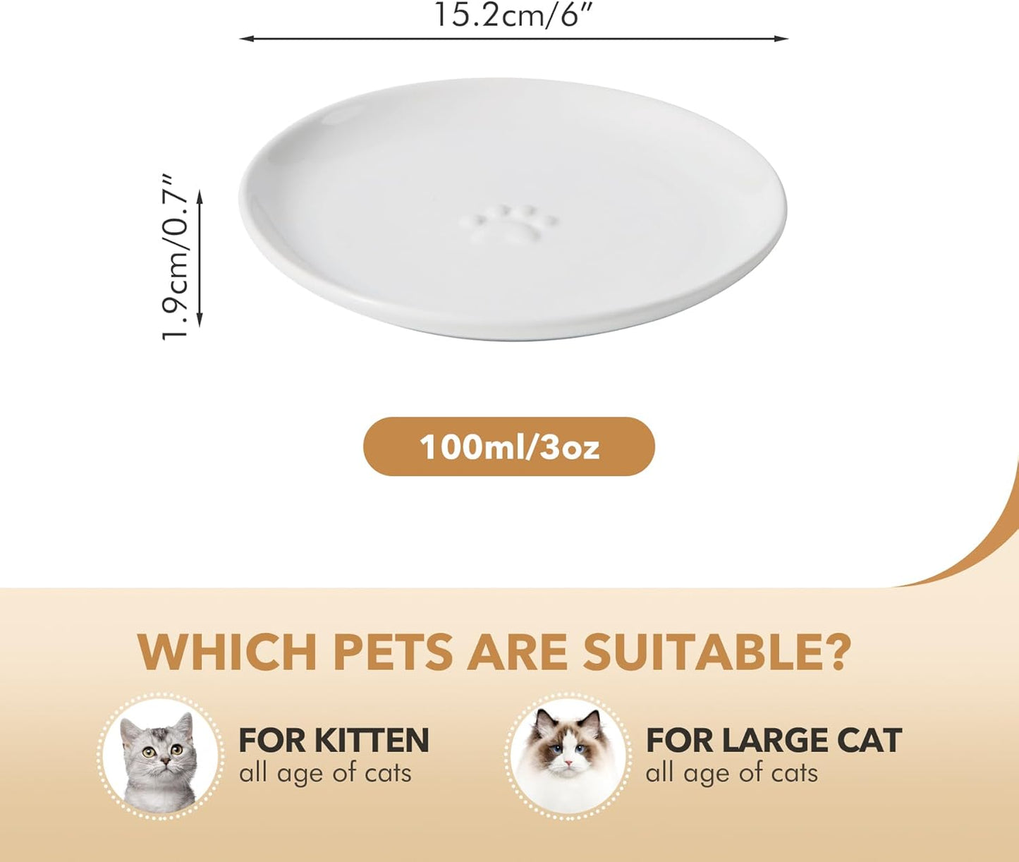 6.1'' Ceramic Wide Cat Dishes, Set of 3 Ceramic Cat Bowls, Indoor Kitten Feeding Wet & Dry Shallow Food Dish Anti Whisker Fatigue(3 Pcs, White)