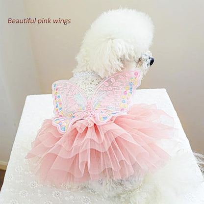 ANIAC Butterfly Dog Dress with Pink Tutu Funny Dog Clothes with Wing Girl Puppy Dress for Small Dogs Pet Butterfly Costume Holiday Cat Outfit for Halloween Birthday Wedding (Pink, Small)