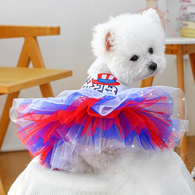 ANIAC 4th of July Girl Dog Dress with Stars Independence Puppy Clothes for Small Dog 1st Independent Day Cat Outfit Patriotic Pet Princess Tutu Skirt (Independence, Medium)