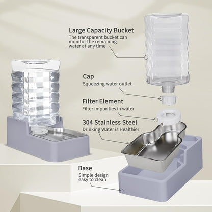 Sfozstra Automatic Dog Water Dispenser: 8L Large Gravity Light Gray Waterer with Stainless Steel Bowl - 100% BPA-Free - Suitable for Pet Owners Garden/Apartment