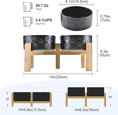 SPUNKYJUNKY Elevated Dog Bowls Ceramic, 6.1'' Dogs and Cat Food Water Bowls Raised with Non-Slip Bamboo Stand for Medium Sized Breed Microwave Dishwasher Safe - 28.7 OZ,Paw Black