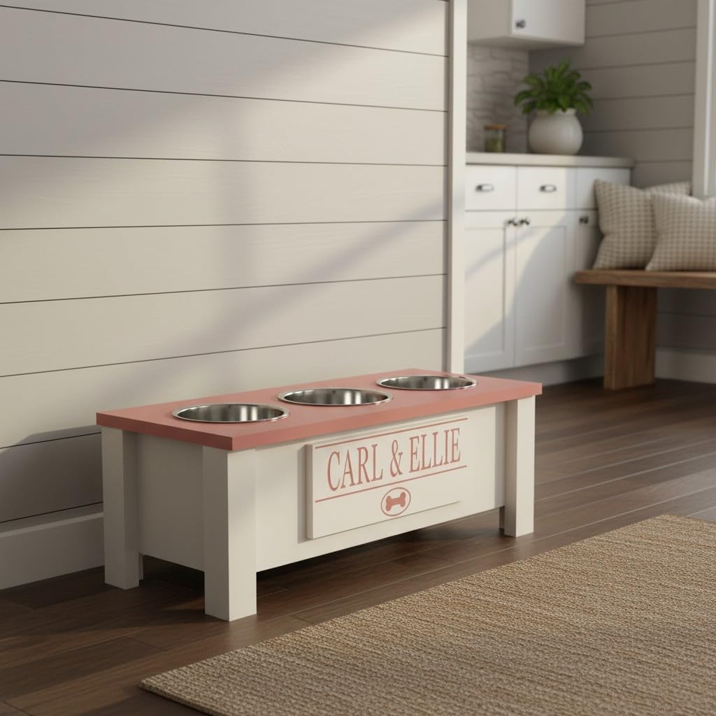 GrooveThis Woodshop - Personalized Elevated Triple Dog Bowl Stand for Large, Medium, Small, X-Small Dogs - 3 Stainless Steel Food and Water Bowls - Raised Dog Dish with Internal Storage (Medium, Pink)