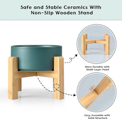 SPUNKYJUNKY Ceramic Elevated Dog Bowls 2 Pack - 6.1inch Raised Dog Bowls with Non-Slip Wooden Stand for Medium Dogs Dishwasher Safe(Green,28.7OZ*2)