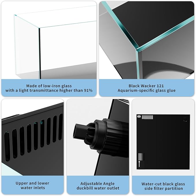 Ultra Clear Rimless Aquarium Tank gallons Low Iron Glass Side Filtration + Anti-Jumping net (50Gal)