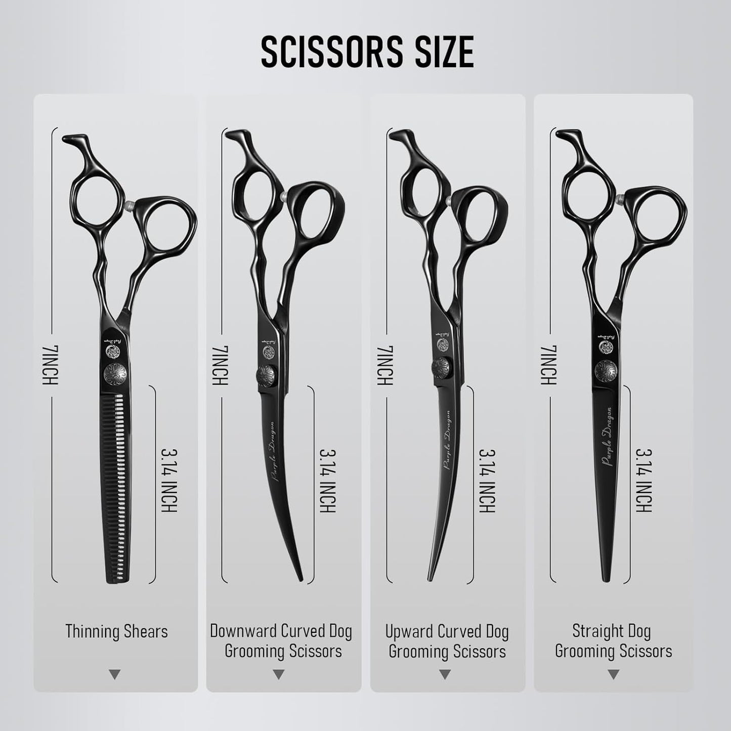 Purple Dragon Dog Grooming Scissors Set - Thinning, Straight, Up & Down Curved Scissors and Comb, 7 Inch Black Shears with Adjustable Screw for Dogs and Cats