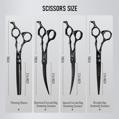 Purple Dragon Dog Grooming Scissors Set - Thinning, Straight, Up & Down Curved Scissors and Comb, 7 Inch Black Shears with Adjustable Screw for Dogs and Cats